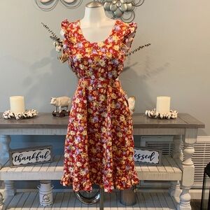 Floral Red Apron Dress with Ruffle Cap Sleeves
